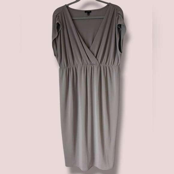 Talbot's Taupe Ruched Gathered V-Neck Cap Sleeve Midi Dress Minimalist Basic XL - Picture 1 of 8